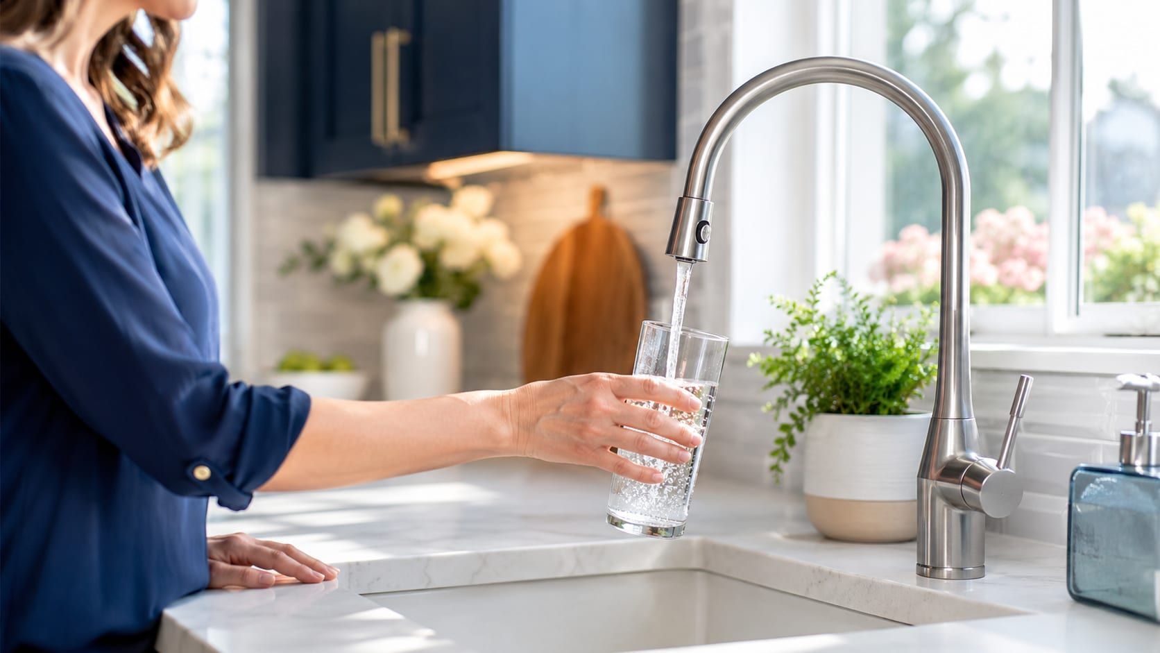 Homeowner filling a glass with clean, filtered water in a Jackson, MS metro kitchen